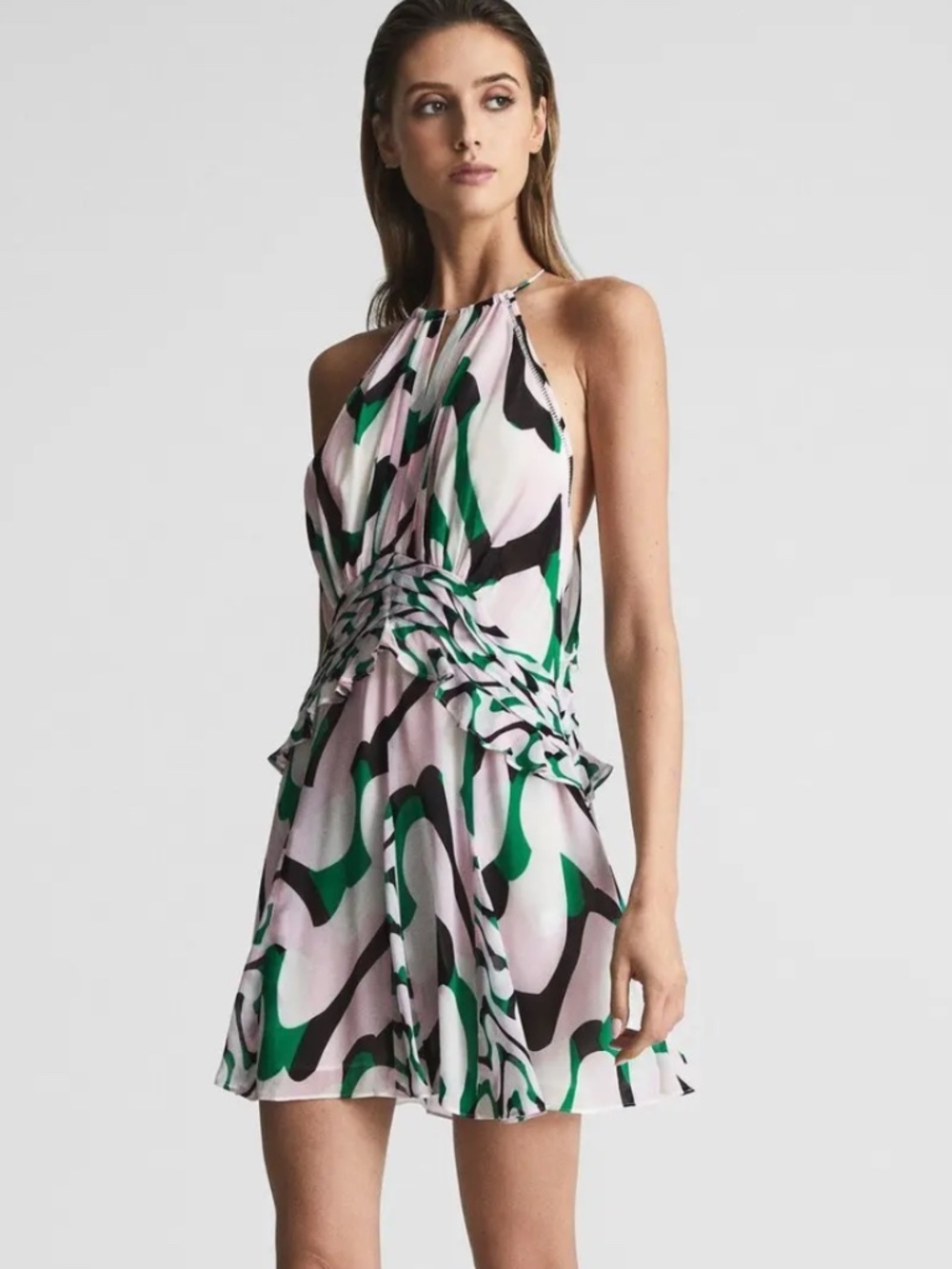 Reiss Belle Floral Halter Mini Dress Green Pink Size 4 NWT